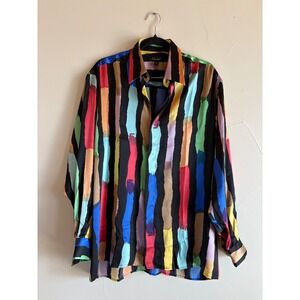 Genelli Vintage‎ 90s Silk Shirt Multicolor Abstract Stripe Disco Retro Size M